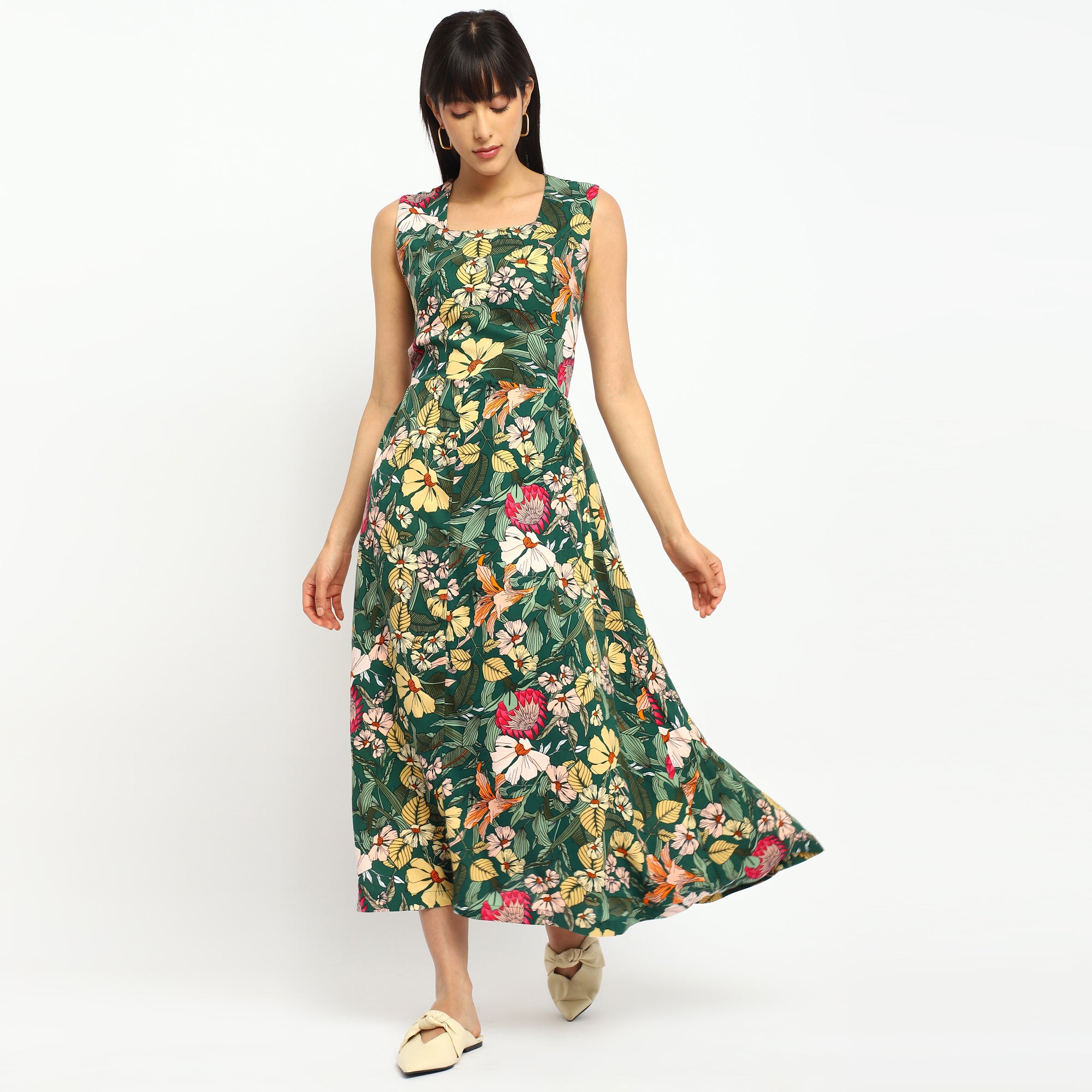 Tropical Green Floral Sleeveless Midi Dress